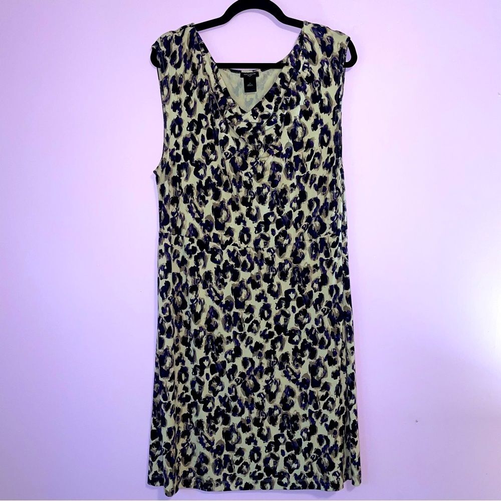 Ann Taylor Midi Dress Soft Stretch Jersey Knit Purple Leopard Print Cowl Size 14
